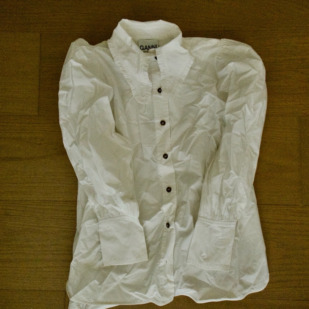 Ganni Crisp White Blouse with Dark Buttons